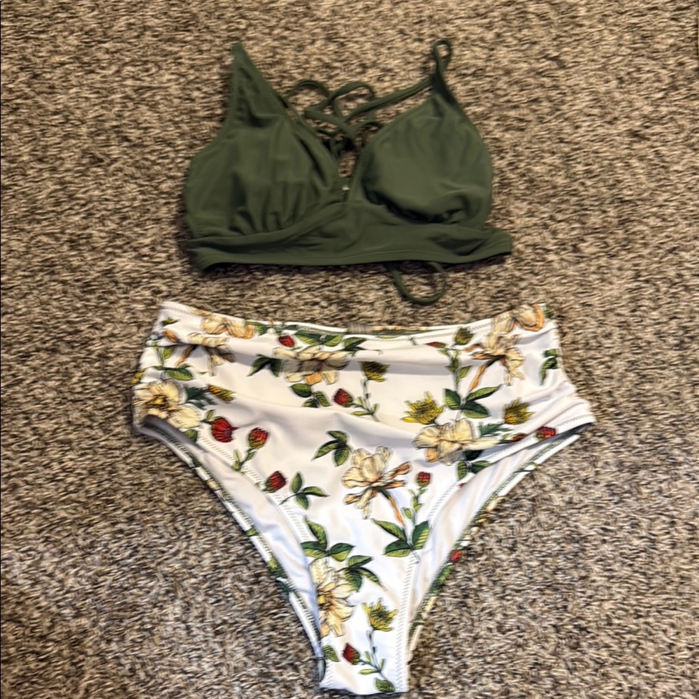 Green and Floral Bikini Set
